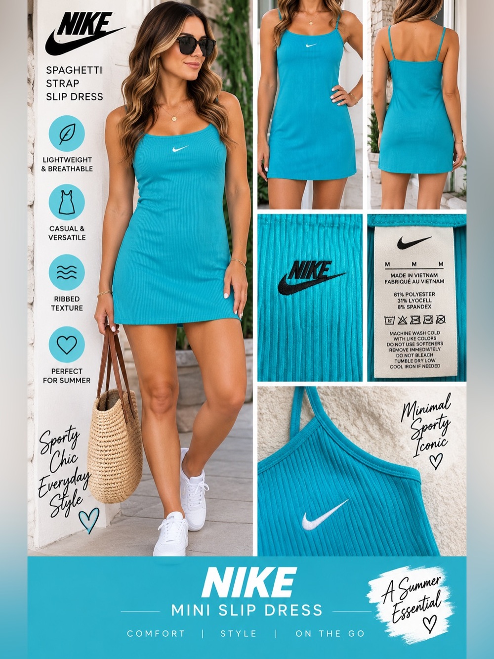 Nike Turquoise Spaghetti Strap Mini Slip Dress FN4157-345 Blue Womens M NEW